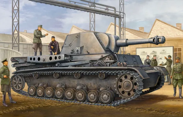 Picture war, art, painting, tank, ww2, German GW IVb (Grasshopper) leFH18/1 L28