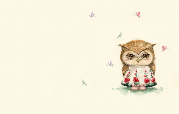 Summer, mood, owl, dragonfly, art, children's, sovushka, sarafan