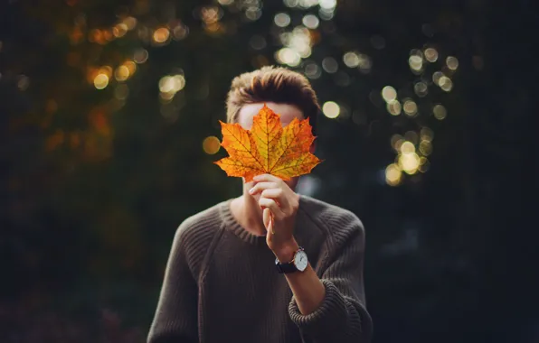 Picture girl, sheet, watch, leaf, maple