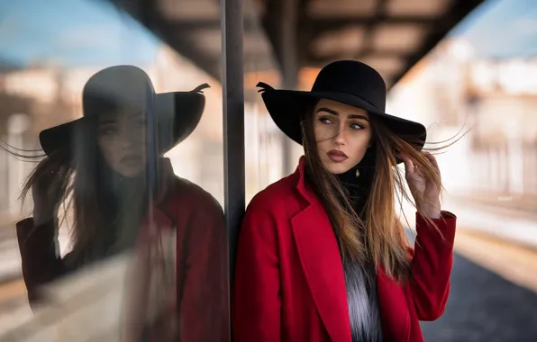 Glass, girl, reflection, street, building, portrait, hat, makeup