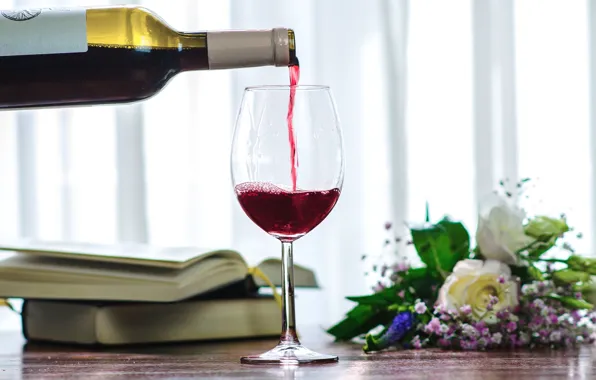 Picture wine, glass, books, bouquet, alcohol, drink