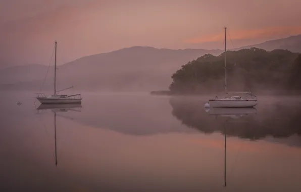 The sky, trees, mountains, fog, lake, boat, yacht