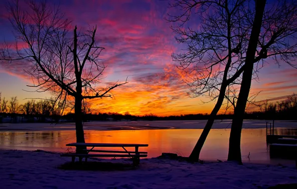 Picture the sky, trees, sunset, river