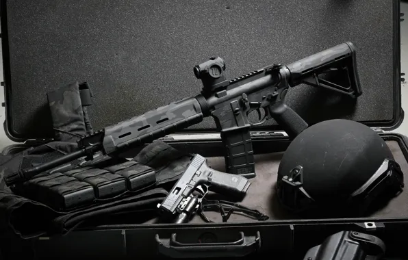 Gun, weapons, background, suitcase, helmet, Glock, assault rifle