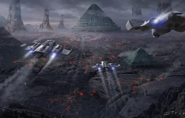 Rocks, lava, pyramid, flight, Scorched land