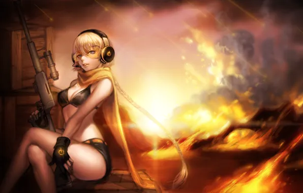 Girl, weapons, fire, headphones, art, glasses, boxes, vocaloid