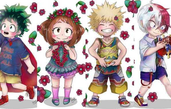Flowers, children, collage, girl, boys, My Hero Academia, Boku No Hero Academy, Midori Isuku