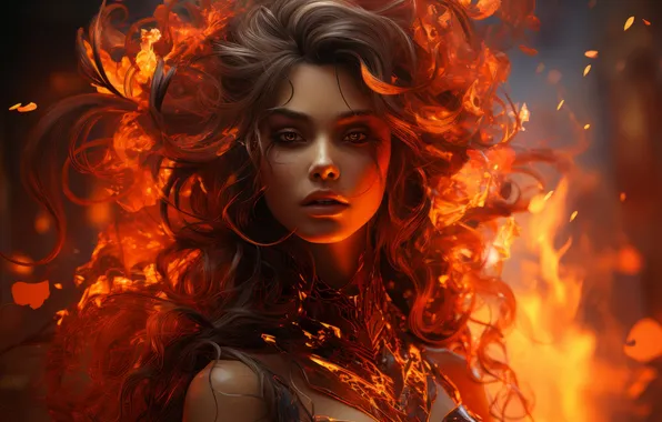 Picture Girl, Look, Fire, Hair, Brown hair, Digital art, AI art, The Art of Artificial Intelligence