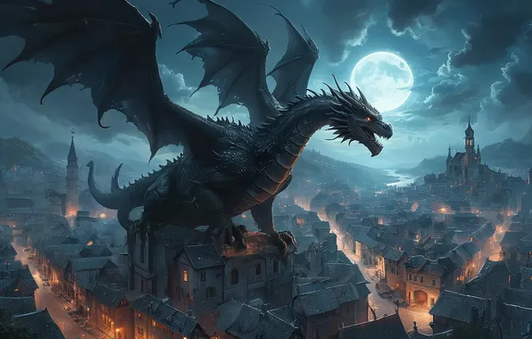 Night, the city, the moon, dragon
