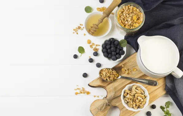 Berries, food, Breakfast, blueberries, nuts, honey, yogurt, cutting Board