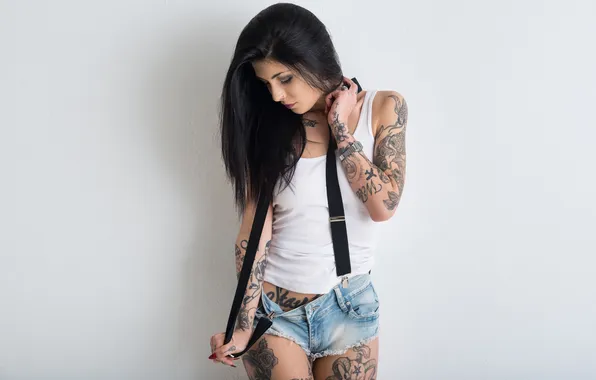 Girl, shorts, tattoo, brunette, suspenders, tank top