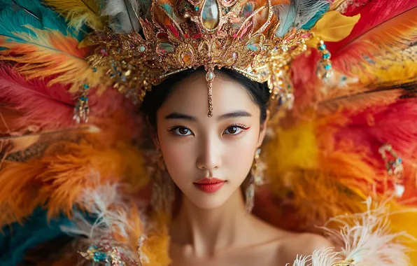 Girl, decoration, face, style, portrait, earrings, feathers, crown
