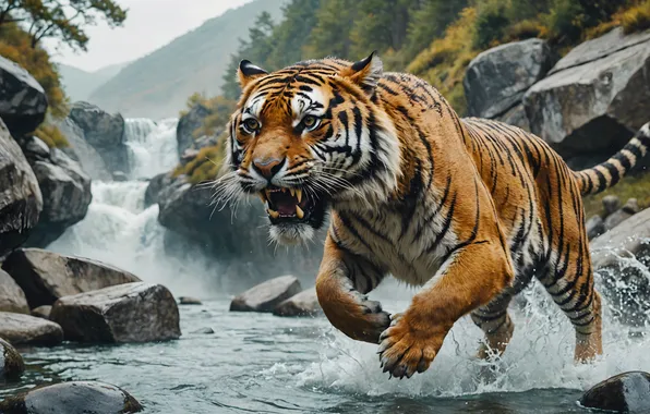 Autumn, forest, look, face, water, squirt, nature, tiger