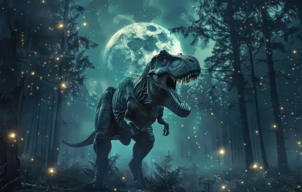 Night, Trees, The moon, Teeth, Predator, Dinosaur, Animal, Digital art