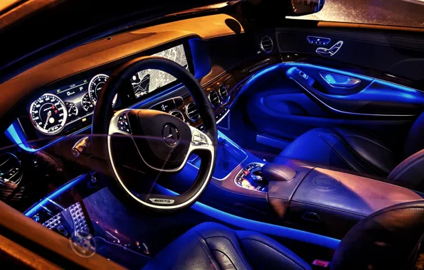 Picture blue, Mercedes-Benz, neon, salon, AMG, s-class, W222, S63