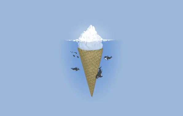 Sea, the ocean, minimalism, vector, iceberg, ice cream, illustration, orcas
