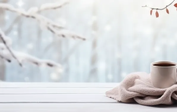 Winter, glass, balls, snow, comfort, window, Christmas, mug