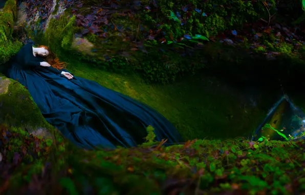 Autumn, forest, leaves, girl, stones, hair, moss, sleep