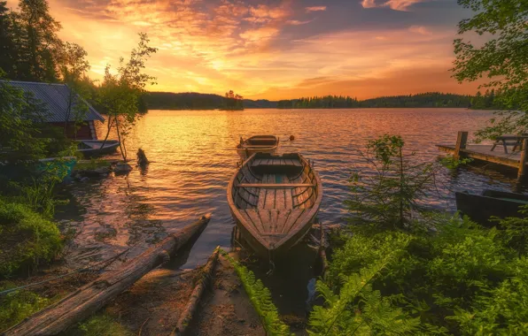 Picture landscape, sunset, boat