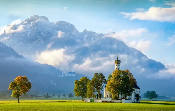 Trees, mountains, castle, Germany, Bayern, Alps, Church, Germany