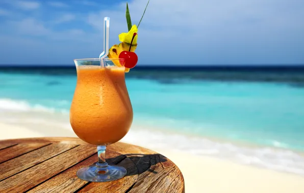 Sea, beach, the sky, the sun, landscape, table, glass, horizon