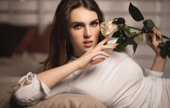 Flower, girl, pose, rose, makeup, dress, brunette, manicure