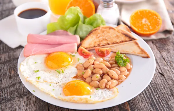 Coffee, oranges, Breakfast, bacon, toast, beans