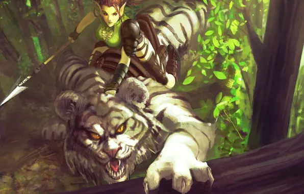 Forest, girl, tiger, predator, fantasy, art, elf