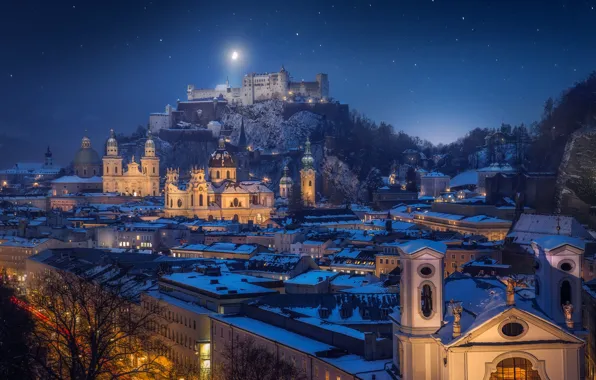 Picture landscape, night, the city, building, mountain, home, Austria, Church