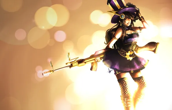 Girl, weapons, background, art, magnifier, rifle, cylinder, league of legends