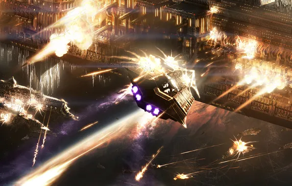 Space, explosions, ships, Planet, steampunk, the battle, shots