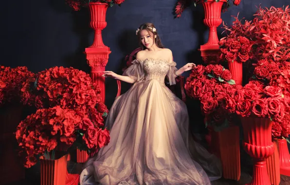 Picture girl, flowers, red, pose, roses, dress, outfit, Asian