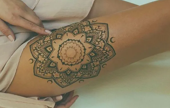 Girl, dress, tattoo, legs, manicure, slender legs, tattoo on the leg