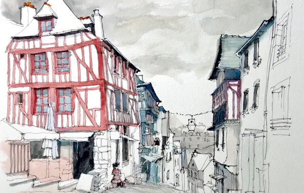 Picture the city, street, figure, France, home, watercolor, Dinan