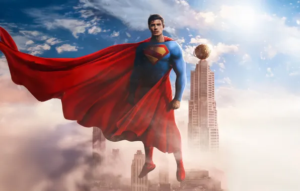 The sky, clouds, background, art, costume, Superman, poster, skyscrapers