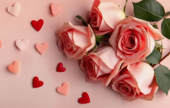 Flowers, roses, bouquet, heart, hearts, pink, pink background, Valentine's Day