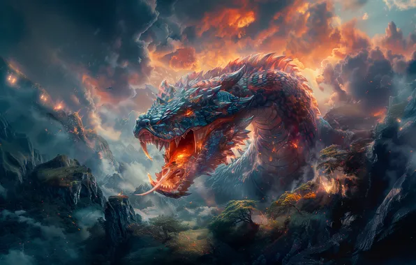 Look, clouds, fire, flame, dragon, snake, fantasy, mouth