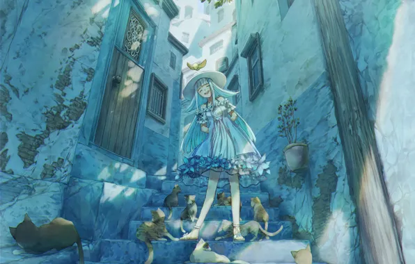 Cats, the door, ladder, blue dress, stone walls, summer day, Nijisanji, Lize Helesta