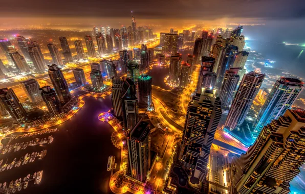 Sea, the sky, night, the city, lights, fog, lights, coast