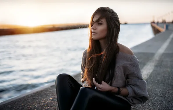 Look, water, girl, sunset, bridge, pose, the wind, hair