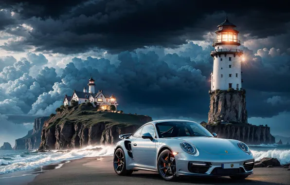 Picture sea, rocks, lighthouse, sports car, Porsche 911 Turbo, neural network