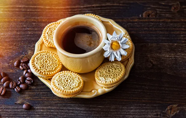 Picture flowers, table, coffee, grain, cookies, Cup, drink, saucer