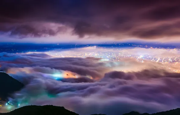 Picture clouds, night, lights, fog, Taipei