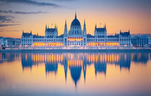 The city, reflection, morning, Parliament, Hungary, Budapest