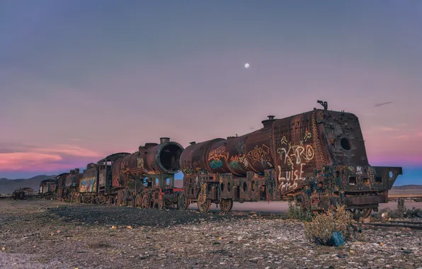 The sky, sunset, the moon, the evening, railroad, glow, moon, sky