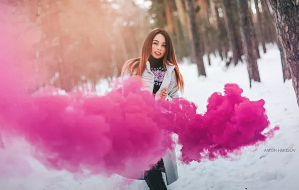 Winter, look, snow, trees, model, smoke, portrait, makeup