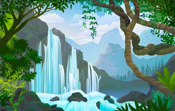 Water, trees, waterfall