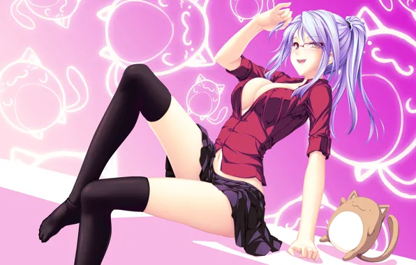 Chest, look, toy, skirt, Girl, stockings, blouse, pink background