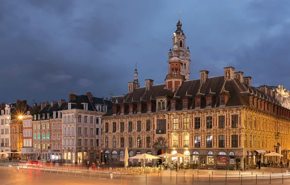 Lights, France, building, the evening, Lille, square