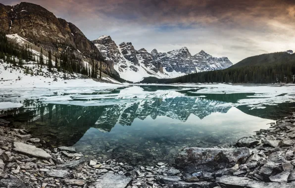 Winter, landscape, mountains, nature, lake, reflection, stones